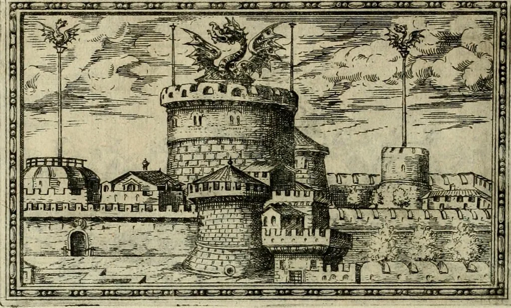 An illustration from Delle allvsioni, imprese, et emblemi del Sig. Principio Fabricii da Teramo sopra la vita, opere, et attioni di Gregorio XIII pontefice massimo, libri VI : nei quali sotto l'allegoria del drago, arme del detto pontefice, si descriue anco la uera forma d'un principe Christiano .., 1588, leaf 281
