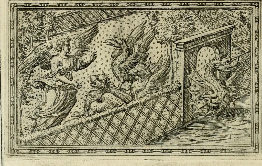 An illustration from Delle allvsioni, imprese, et emblemi del Sig. Principio Fabricii da Teramo sopra la vita, opere, et attioni di Gregorio XIII pontefice massimo, libri VI : nei quali sotto l'allegoria del drago, arme del detto pontefice, si descriue anco la uera forma d'un principe Christiano .., 1588, leaf 283
