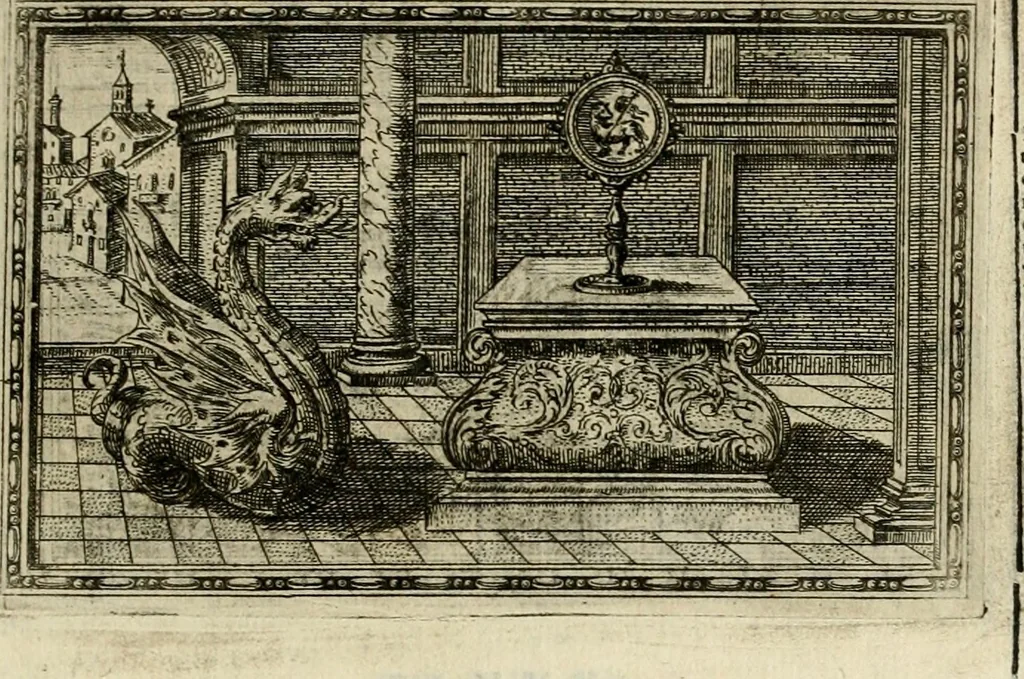 An illustration from Delle allvsioni, imprese, et emblemi del Sig. Principio Fabricii da Teramo sopra la vita, opere, et attioni di Gregorio XIII pontefice massimo, libri VI : nei quali sotto l'allegoria del drago, arme del detto pontefice, si descriue anco la uera forma d'un principe Christiano .., 1588, leaf 284