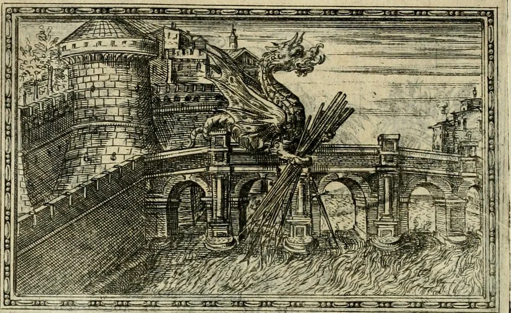 An illustration from Delle allvsioni, imprese, et emblemi del Sig. Principio Fabricii da Teramo sopra la vita, opere, et attioni di Gregorio XIII pontefice massimo, libri VI : nei quali sotto l'allegoria del drago, arme del detto pontefice, si descriue anco la uera forma d'un principe Christiano .., 1588, leaf 295