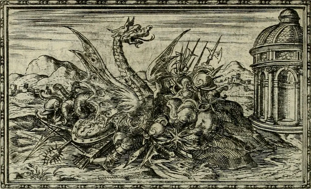 An illustration from Delle allvsioni, imprese, et emblemi del Sig. Principio Fabricii da Teramo sopra la vita, opere, et attioni di Gregorio XIII pontefice massimo, libri VI : nei quali sotto l'allegoria del drago, arme del detto pontefice, si descriue anco la uera forma d'un principe Christiano .., 1588, leaf 299