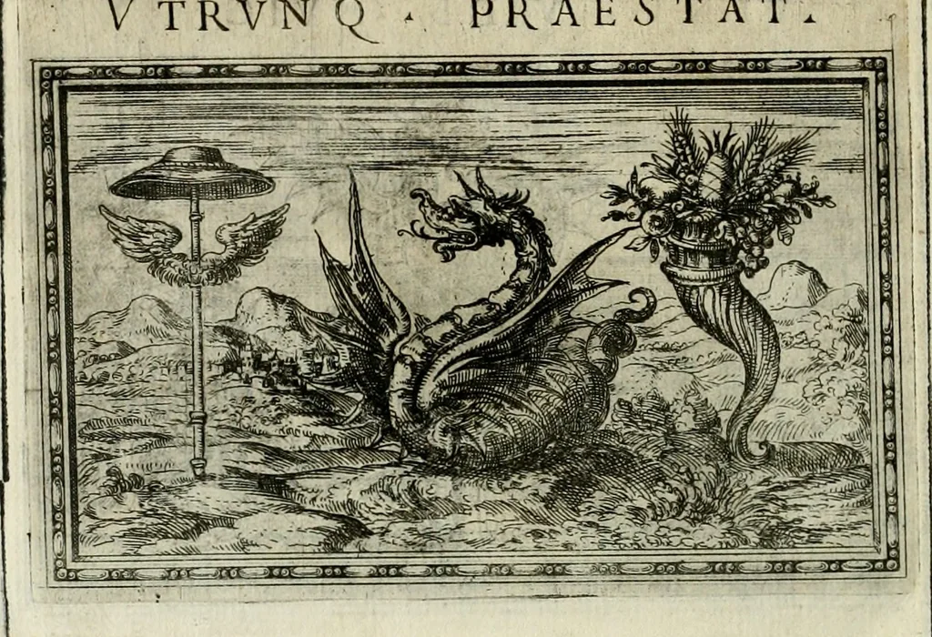 An illustration from Delle allvsioni, imprese, et emblemi del Sig. Principio Fabricii da Teramo sopra la vita, opere, et attioni di Gregorio XIII pontefice massimo, libri VI : nei quali sotto l'allegoria del drago, arme del detto pontefice, si descriue anco la uera forma d'un principe Christiano .., 1588, leaf 301