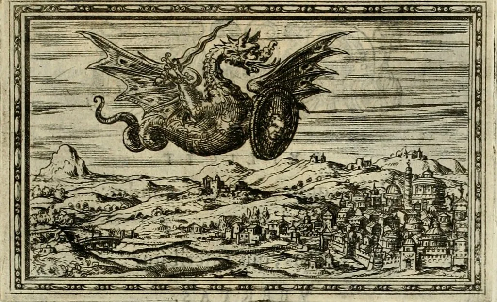 An illustration from Delle allvsioni, imprese, et emblemi del Sig. Principio Fabricii da Teramo sopra la vita, opere, et attioni di Gregorio XIII pontefice massimo, libri VI : nei quali sotto l'allegoria del drago, arme del detto pontefice, si descriue anco la uera forma d'un principe Christiano .., 1588, leaf 302