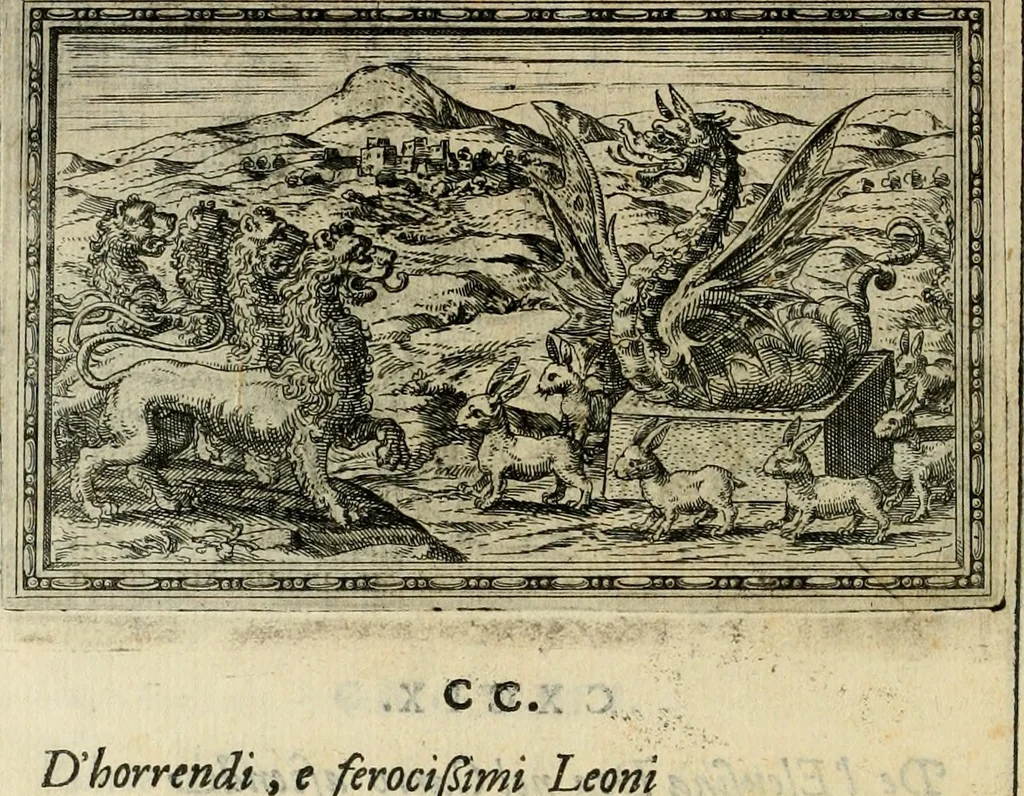 An illustration from Delle allvsioni, imprese, et emblemi del Sig. Principio Fabricii da Teramo sopra la vita, opere, et attioni di Gregorio XIII pontefice massimo, libri VI : nei quali sotto l'allegoria del drago, arme del detto pontefice, si descriue anco la uera forma d'un principe Christiano .., 1588, leaf 323
