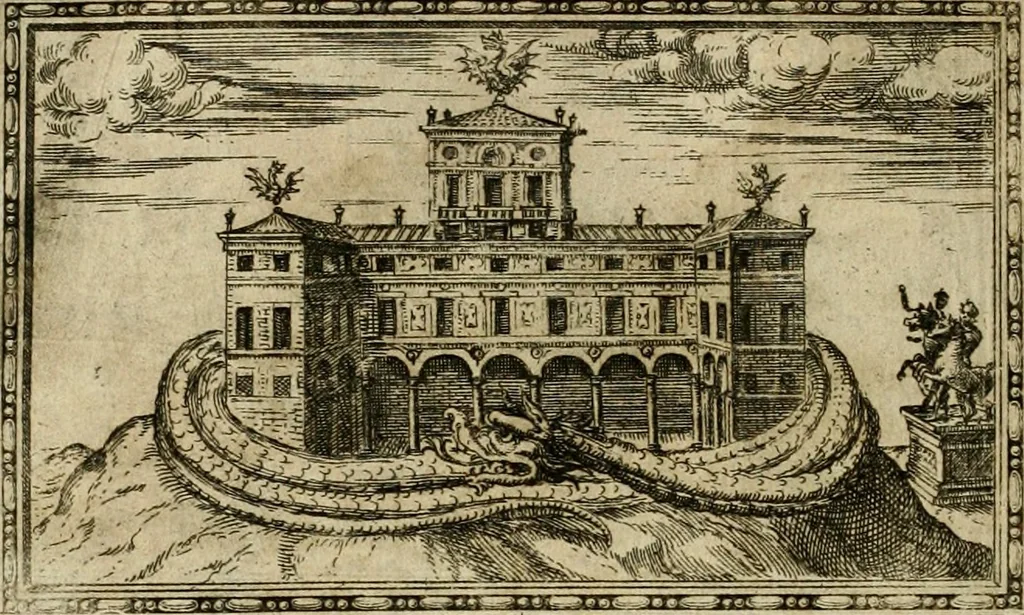 An illustration from Delle allvsioni, imprese, et emblemi del Sig. Principio Fabricii da Teramo sopra la vita, opere, et attioni di Gregorio XIII pontefice massimo, libri VI : nei quali sotto l'allegoria del drago, arme del detto pontefice, si descriue anco la uera forma d'un principe Christiano .., 1588, leaf 327