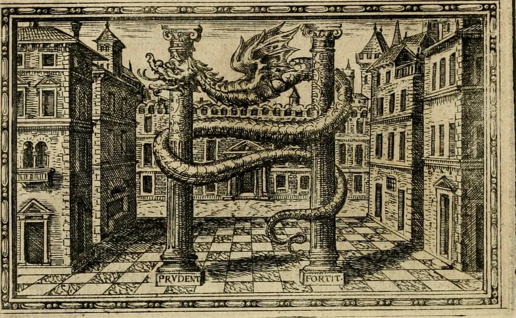 An illustration from Delle allvsioni, imprese, et emblemi del Sig. Principio Fabricii da Teramo sopra la vita, opere, et attioni di Gregorio XIII pontefice massimo, libri VI : nei quali sotto l'allegoria del drago, arme del detto pontefice, si descriue anco la uera forma d'un principe Christiano .., 1588, leaf 331