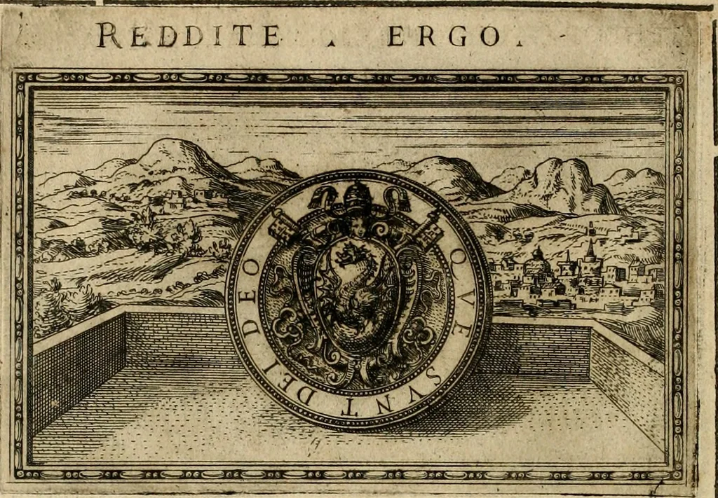 An illustration from Delle allvsioni, imprese, et emblemi del Sig. Principio Fabricii da Teramo sopra la vita, opere, et attioni di Gregorio XIII pontefice massimo, libri VI : nei quali sotto l'allegoria del drago, arme del detto pontefice, si descriue anco la uera forma d'un principe Christiano .., 1588, leaf 333