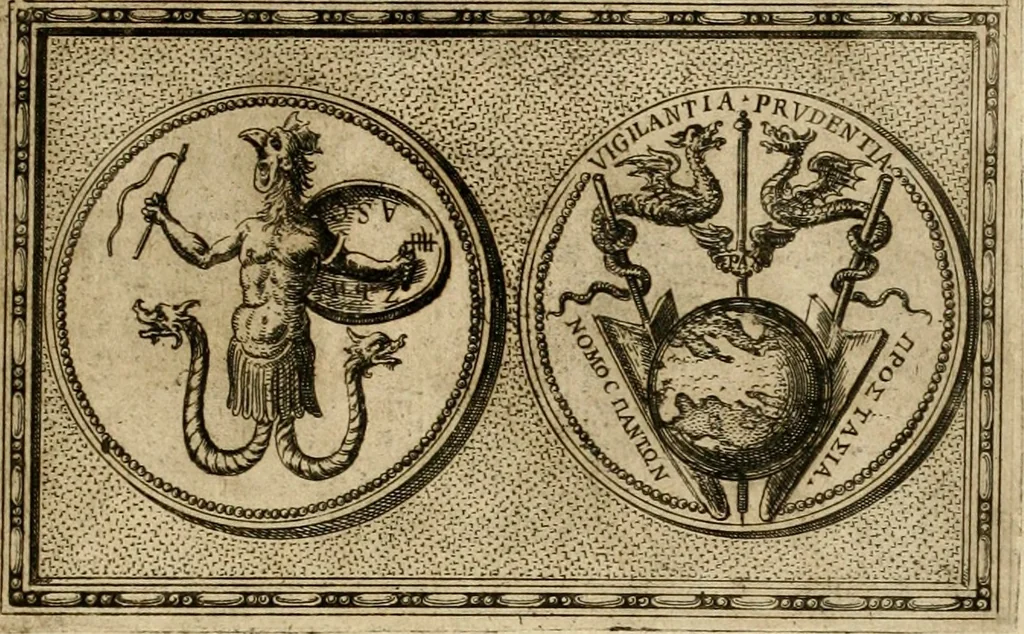 An illustration from Delle allvsioni, imprese, et emblemi del Sig. Principio Fabricii da Teramo sopra la vita, opere, et attioni di Gregorio XIII pontefice massimo, libri VI : nei quali sotto l'allegoria del drago, arme del detto pontefice, si descriue anco la uera forma d'un principe Christiano .., 1588, leaf 334