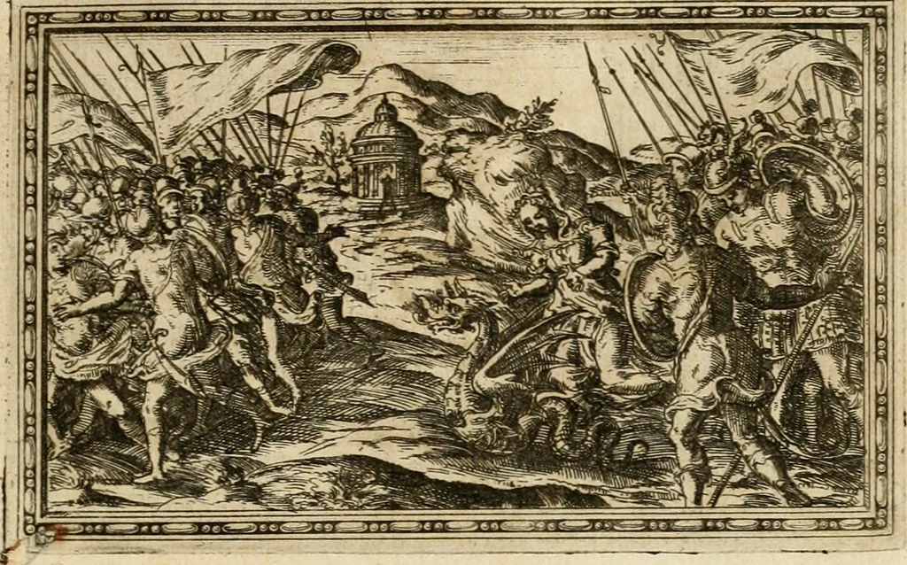 An illustration from Delle allvsioni, imprese, et emblemi del Sig. Principio Fabricii da Teramo sopra la vita, opere, et attioni di Gregorio XIII pontefice massimo, libri VI : nei quali sotto l'allegoria del drago, arme del detto pontefice, si descriue anco la uera forma d'un principe Christiano .., 1588, leaf 34