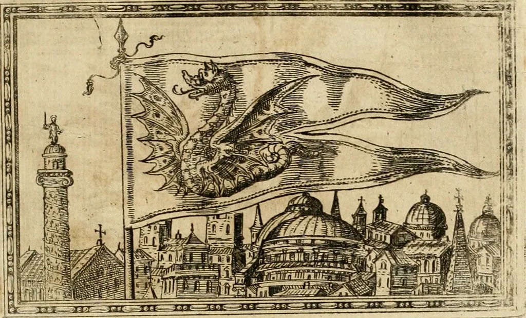 An illustration from Delle allvsioni, imprese, et emblemi del Sig. Principio Fabricii da Teramo sopra la vita, opere, et attioni di Gregorio XIII pontefice massimo, libri VI : nei quali sotto l'allegoria del drago, arme del detto pontefice, si descriue anco la uera forma d'un principe Christiano .., 1588, leaf 342