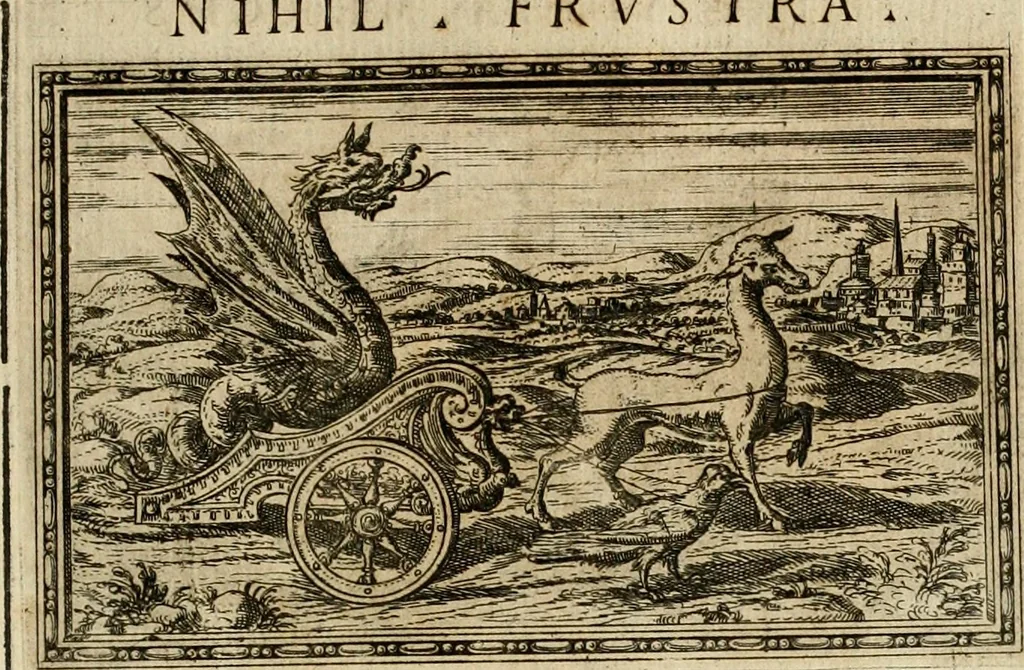 An illustration from Delle allvsioni, imprese, et emblemi del Sig. Principio Fabricii da Teramo sopra la vita, opere, et attioni di Gregorio XIII pontefice massimo, libri VI : nei quali sotto l'allegoria del drago, arme del detto pontefice, si descriue anco la uera forma d'un principe Christiano .., 1588, leaf 344