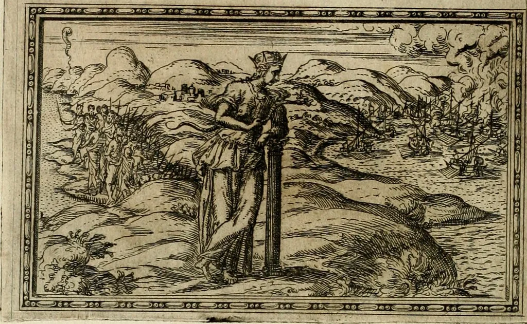 An illustration from Delle allvsioni, imprese, et emblemi del Sig. Principio Fabricii da Teramo sopra la vita, opere, et attioni di Gregorio XIII pontefice massimo, libri VI : nei quali sotto l'allegoria del drago, arme del detto pontefice, si descriue anco la uera forma d'un principe Christiano .., 1588, leaf 345