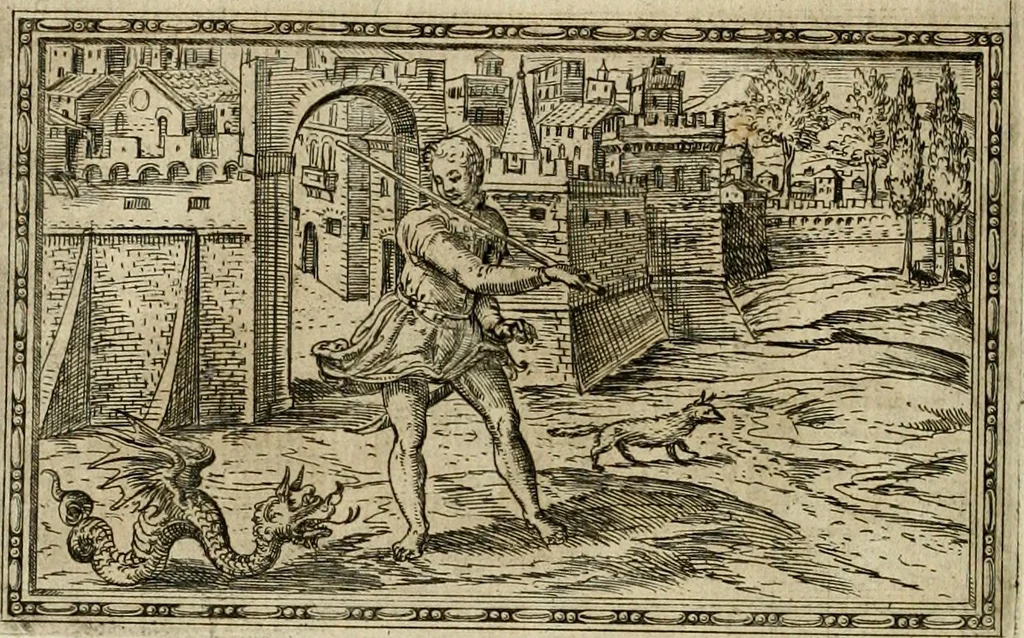 An illustration from Delle allvsioni, imprese, et emblemi del Sig. Principio Fabricii da Teramo sopra la vita, opere, et attioni di Gregorio XIII pontefice massimo, libri VI : nei quali sotto l'allegoria del drago, arme del detto pontefice, si descriue anco la uera forma d'un principe Christiano .., 1588, leaf 347