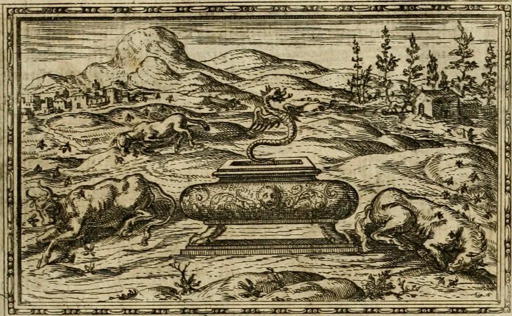 An illustration from Delle allvsioni, imprese, et emblemi del Sig. Principio Fabricii da Teramo sopra la vita, opere, et attioni di Gregorio XIII pontefice massimo, libri VI : nei quali sotto l'allegoria del drago, arme del detto pontefice, si descriue anco la uera forma d'un principe Christiano .., 1588, leaf 348