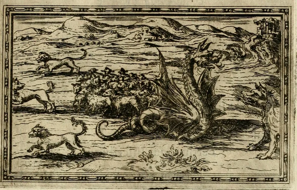 An illustration from Delle allvsioni, imprese, et emblemi del Sig. Principio Fabricii da Teramo sopra la vita, opere, et attioni di Gregorio XIII pontefice massimo, libri VI : nei quali sotto l'allegoria del drago, arme del detto pontefice, si descriue anco la uera forma d'un principe Christiano .., 1588, leaf 350