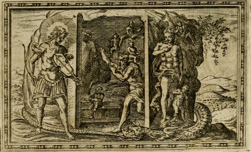 An illustration from Delle allvsioni, imprese, et emblemi del Sig. Principio Fabricii da Teramo sopra la vita, opere, et attioni di Gregorio XIII pontefice massimo, libri VI : nei quali sotto l'allegoria del drago, arme del detto pontefice, si descriue anco la uera forma d'un principe Christiano .., 1588, leaf 356