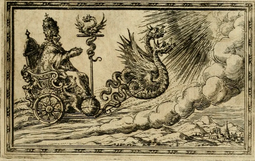 An illustration from Delle allvsioni, imprese, et emblemi del Sig. Principio Fabricii da Teramo sopra la vita, opere, et attioni di Gregorio XIII pontefice massimo, libri VI : nei quali sotto l'allegoria del drago, arme del detto pontefice, si descriue anco la uera forma d'un principe Christiano .., 1588, leaf 364