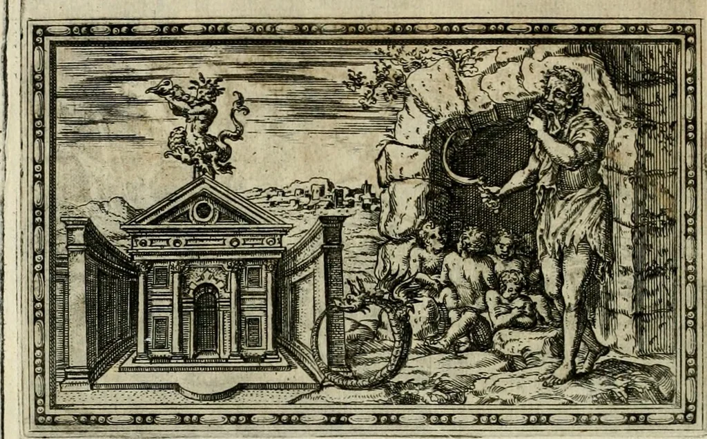 An illustration from Delle allvsioni, imprese, et emblemi del Sig. Principio Fabricii da Teramo sopra la vita, opere, et attioni di Gregorio XIII pontefice massimo, libri VI : nei quali sotto l'allegoria del drago, arme del detto pontefice, si descriue anco la uera forma d'un principe Christiano .., 1588, leaf 39
