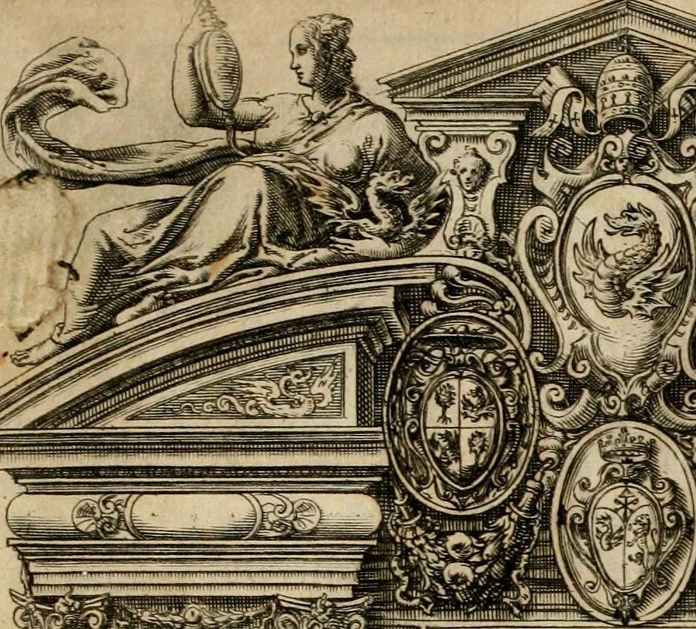 An illustration from Delle allvsioni, imprese, et emblemi del Sig. Principio Fabricii da Teramo sopra la vita, opere, et attioni di Gregorio XIII pontefice massimo, libri VI : nei quali sotto l'allegoria del drago, arme del detto pontefice, si descriue anco la uera forma d'un principe Christiano .., 1588, leaf 4