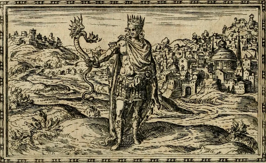 An illustration from Delle allvsioni, imprese, et emblemi del Sig. Principio Fabricii da Teramo sopra la vita, opere, et attioni di Gregorio XIII pontefice massimo, libri VI : nei quali sotto l'allegoria del drago, arme del detto pontefice, si descriue anco la uera forma d'un principe Christiano .., 1588, leaf 41