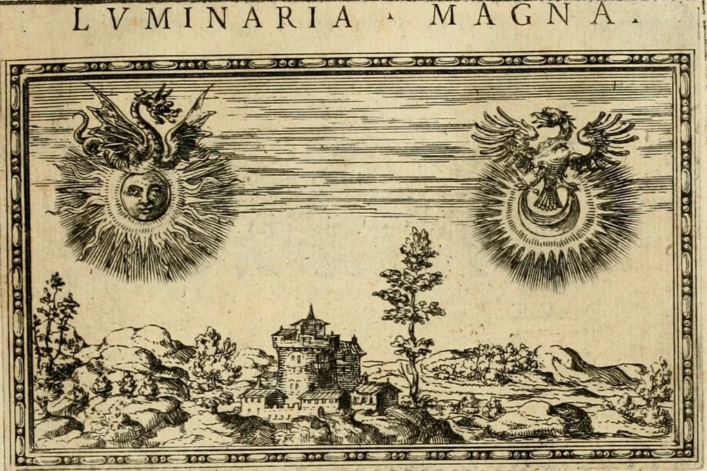 An illustration from Delle allvsioni, imprese, et emblemi del Sig. Principio Fabricii da Teramo sopra la vita, opere, et attioni di Gregorio XIII pontefice massimo, libri VI : nei quali sotto l'allegoria del drago, arme del detto pontefice, si descriue anco la uera forma d'un principe Christiano .., 1588, leaf 42