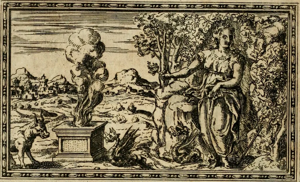 An illustration from Delle allvsioni, imprese, et emblemi del Sig. Principio Fabricii da Teramo sopra la vita, opere, et attioni di Gregorio XIII pontefice massimo, libri VI : nei quali sotto l'allegoria del drago, arme del detto pontefice, si descriue anco la uera forma d'un principe Christiano .., 1588, leaf 47