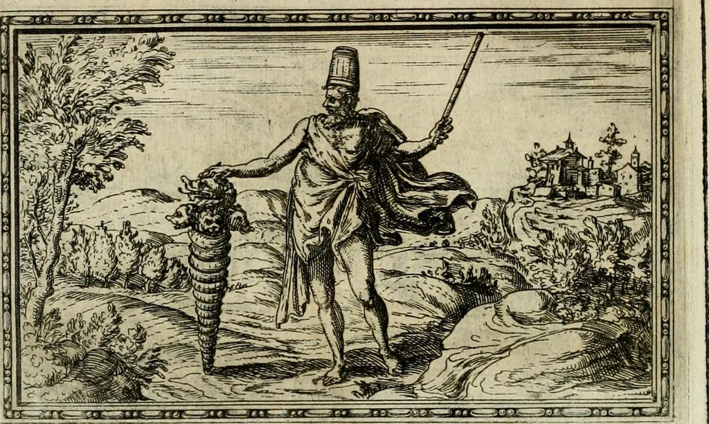 An illustration from Delle allvsioni, imprese, et emblemi del Sig. Principio Fabricii da Teramo sopra la vita, opere, et attioni di Gregorio XIII pontefice massimo, libri VI : nei quali sotto l'allegoria del drago, arme del detto pontefice, si descriue anco la uera forma d'un principe Christiano .., 1588, leaf 49