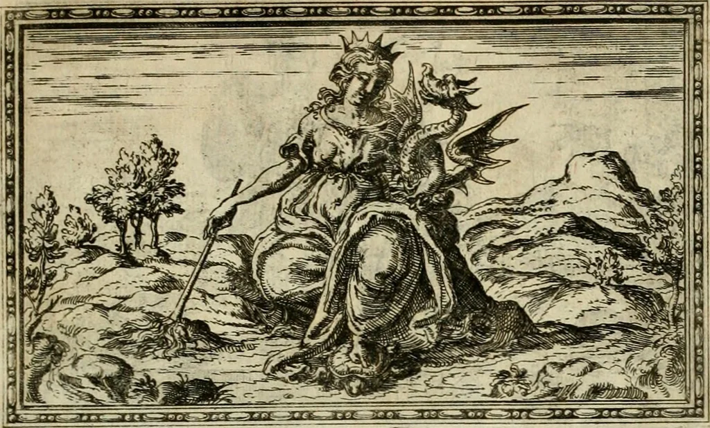 An illustration from Delle allvsioni, imprese, et emblemi del Sig. Principio Fabricii da Teramo sopra la vita, opere, et attioni di Gregorio XIII pontefice massimo, libri VI : nei quali sotto l'allegoria del drago, arme del detto pontefice, si descriue anco la uera forma d'un principe Christiano .., 1588, leaf 50