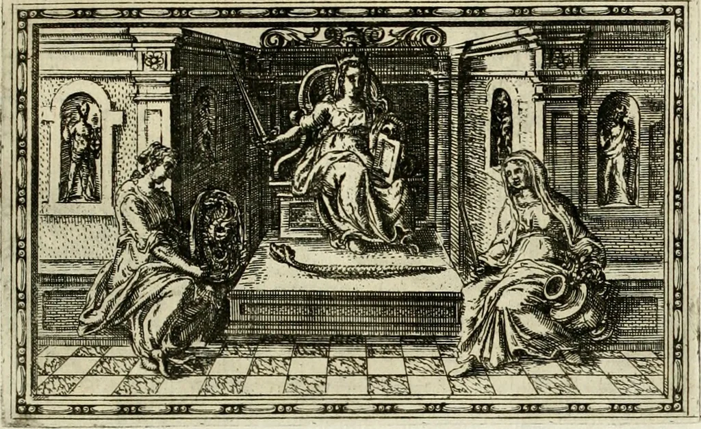 An illustration from Delle allvsioni, imprese, et emblemi del Sig. Principio Fabricii da Teramo sopra la vita, opere, et attioni di Gregorio XIII pontefice massimo, libri VI : nei quali sotto l'allegoria del drago, arme del detto pontefice, si descriue anco la uera forma d'un principe Christiano .., 1588, leaf 66