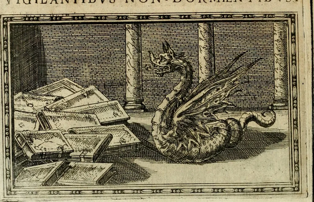 An illustration from Delle allvsioni, imprese, et emblemi del Sig. Principio Fabricii da Teramo sopra la vita, opere, et attioni di Gregorio XIII pontefice massimo, libri VI : nei quali sotto l'allegoria del drago, arme del detto pontefice, si descriue anco la uera forma d'un principe Christiano .., 1588, leaf 71