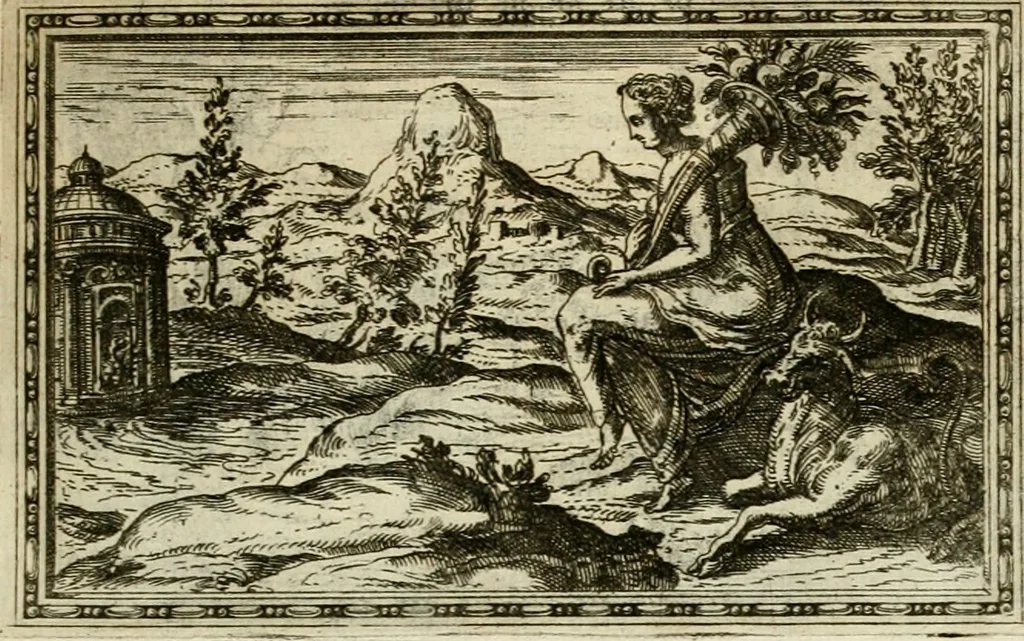 An illustration from Delle allvsioni, imprese, et emblemi del Sig. Principio Fabricii da Teramo sopra la vita, opere, et attioni di Gregorio XIII pontefice massimo, libri VI : nei quali sotto l'allegoria del drago, arme del detto pontefice, si descriue anco la uera forma d'un principe Christiano .., 1588, leaf 76