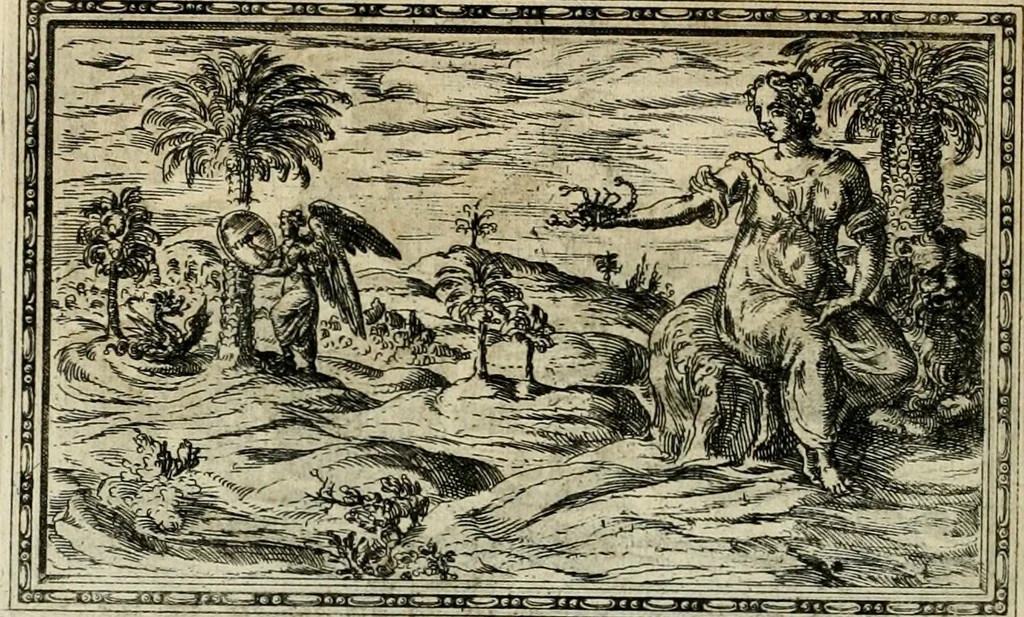 An illustration from Delle allvsioni, imprese, et emblemi del Sig. Principio Fabricii da Teramo sopra la vita, opere, et attioni di Gregorio XIII pontefice massimo, libri VI : nei quali sotto l'allegoria del drago, arme del detto pontefice, si descriue anco la uera forma d'un principe Christiano .., 1588, leaf 77