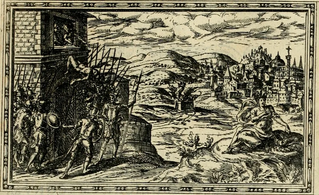 An illustration from Delle allvsioni, imprese, et emblemi del Sig. Principio Fabricii da Teramo sopra la vita, opere, et attioni di Gregorio XIII pontefice massimo, libri VI : nei quali sotto l'allegoria del drago, arme del detto pontefice, si descriue anco la uera forma d'un principe Christiano .., 1588, leaf 78