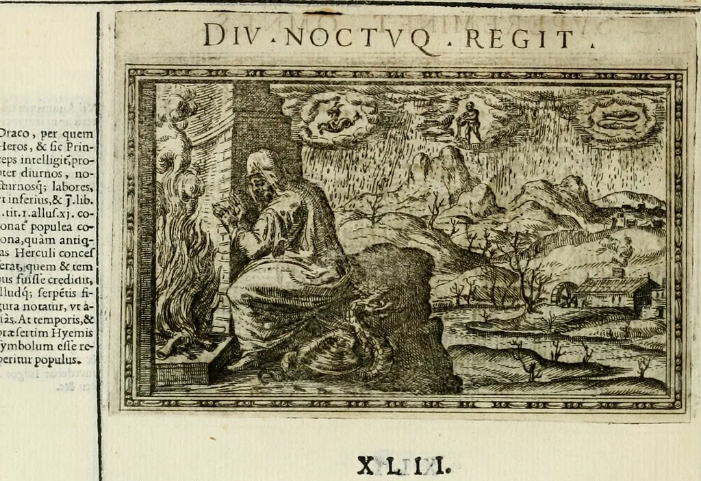 An illustration from Delle allvsioni, imprese, et emblemi del Sig. Principio Fabricii da Teramo sopra la vita, opere, et attioni di Gregorio XIII pontefice massimo, libri VI : nei quali sotto l'allegoria del drago, arme del detto pontefice, si descriue anco la uera forma d'un principe Christiano .., 1588, leaf 85