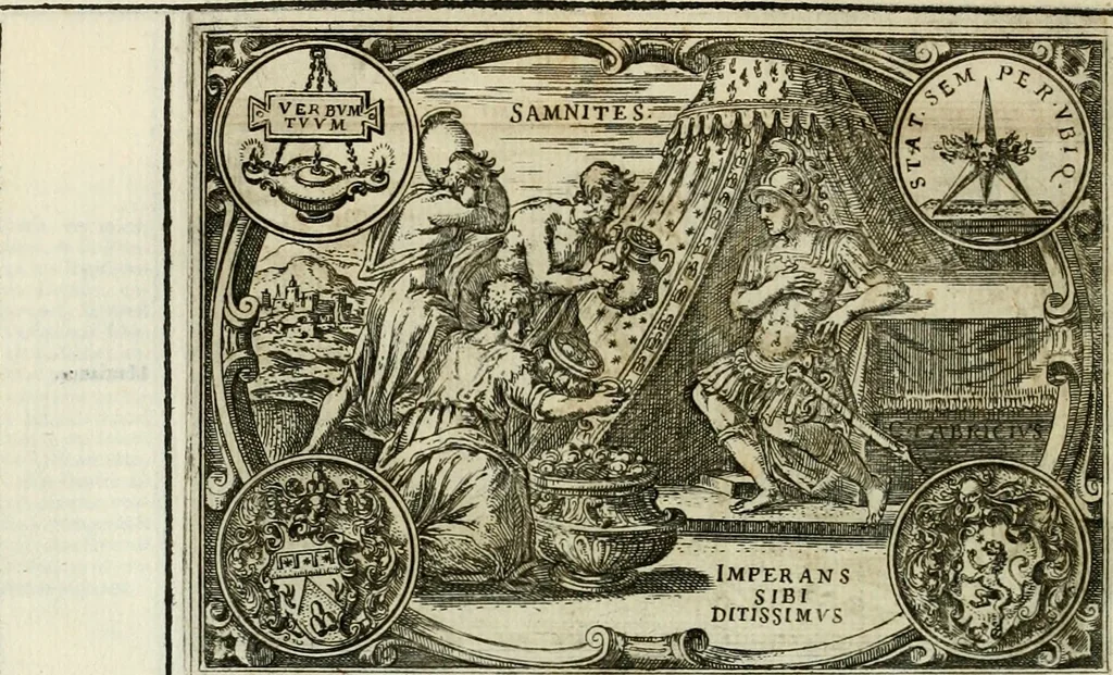 An illustration from Delle allvsioni, imprese, et emblemi del Sig. Principio Fabricii da Teramo sopra la vita, opere, et attioni di Gregorio XIII pontefice massimo, libri VI : nei quali sotto l'allegoria del drago, arme del detto pontefice, si descriue anco la uera forma d'un principe Christiano .., 1588, leaf 87