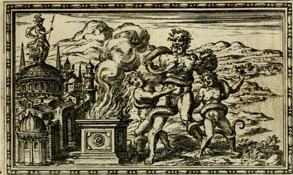 An illustration from Delle allvsioni, imprese, et emblemi del Sig. Principio Fabricii da Teramo sopra la vita, opere, et attioni di Gregorio XIII pontefice massimo, libri VI : nei quali sotto l'allegoria del drago, arme del detto pontefice, si descriue anco la uera forma d'un principe Christiano .., 1588, leaf 96