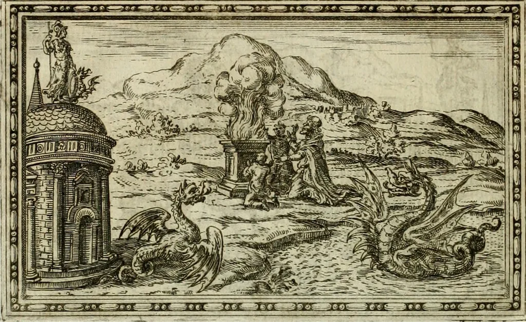 An illustration from Delle allvsioni, imprese, et emblemi del Sig. Principio Fabricii da Teramo sopra la vita, opere, et attioni di Gregorio XIII pontefice massimo, libri VI : nei quali sotto l'allegoria del drago, arme del detto pontefice, si descriue anco la uera forma d'un principe Christiano .., 1588, leaf 97