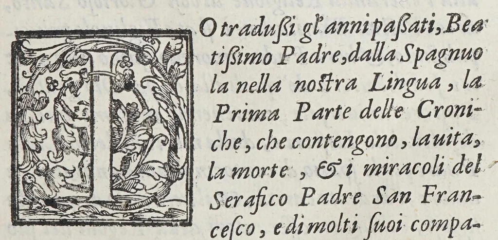 An illustration from Delle chroniche de' Frati minori : parte seconda, diuisa in dieci libri, nella quale si contiene quello, che occorse nella religione del padre san Francesco, nel tempo di ventiquattro ministri generali, per lo spatio d'anni centocinquanta., 1606, leaf 7