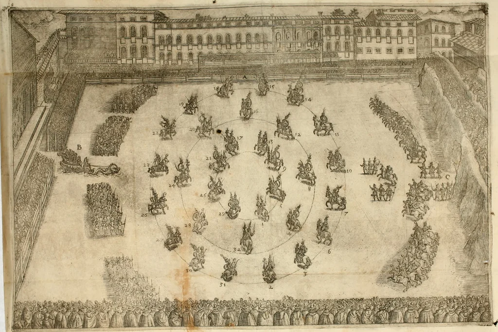 An illustration from Descrizione delle feste fatte nelle reali nozze de' Serenissimi principi di Toscana d. Cosimo de' Medici, e Maria Maddalena arcidvchessa d'Avstria, 1608, leaf 107