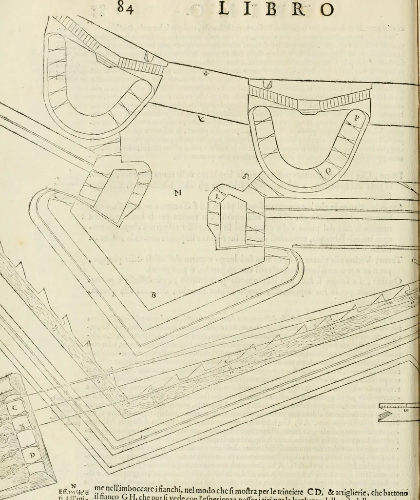 An illustration from Delle fortificationi di Bvonaivto Lorini, nobile fiorentino, libri cinque : ne' qvali si mostra con le piv facili regole la scienza con la pratica, di fortificare le citta & altri luoghi sopra diuersi siti, con tvtti gli avvertimenti, che per intelligenza di tal materia possono occorrere .., 1597, leaf 103