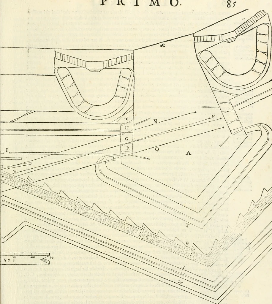 An illustration from Delle fortificationi di Bvonaivto Lorini, nobile fiorentino, libri cinque : ne' qvali si mostra con le piv facili regole la scienza con la pratica, di fortificare le citta & altri luoghi sopra diuersi siti, con tvtti gli avvertimenti, che per intelligenza di tal materia possono occorrere .., 1597, leaf 104