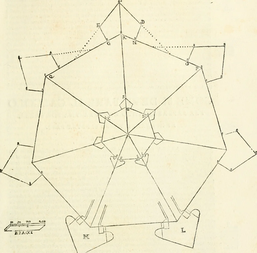 An illustration from Delle fortificationi di Bvonaivto Lorini, nobile fiorentino, libri cinque : ne' qvali si mostra con le piv facili regole la scienza con la pratica, di fortificare le citta & altri luoghi sopra diuersi siti, con tvtti gli avvertimenti, che per intelligenza di tal materia possono occorrere .., 1597, leaf 126
