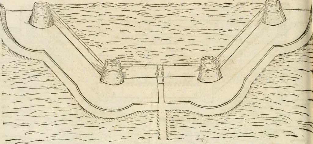 An illustration from Delle fortificationi di Bvonaivto Lorini, nobile fiorentino, libri cinque : ne' qvali si mostra con le piv facili regole la scienza con la pratica, di fortificare le citta & altri luoghi sopra diuersi siti, con tvtti gli avvertimenti, che per intelligenza di tal materia possono occorrere .., 1597, leaf 157