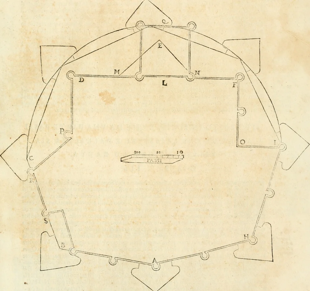 An illustration from Delle fortificationi di Bvonaivto Lorini, nobile fiorentino, libri cinque : ne' qvali si mostra con le piv facili regole la scienza con la pratica, di fortificare le citta & altri luoghi sopra diuersi siti, con tvtti gli avvertimenti, che per intelligenza di tal materia possono occorrere .., 1597, leaf 172