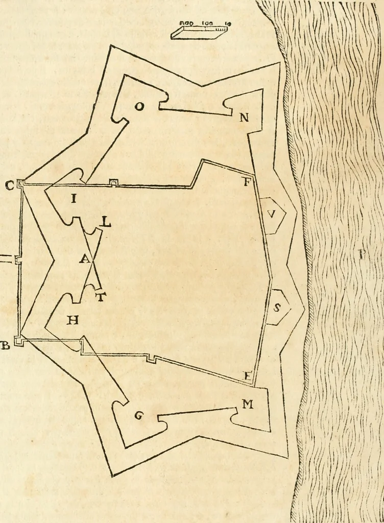 An illustration from Delle fortificationi di Bvonaivto Lorini, nobile fiorentino, libri cinque : ne' qvali si mostra con le piv facili regole la scienza con la pratica, di fortificare le citta & altri luoghi sopra diuersi siti, con tvtti gli avvertimenti, che per intelligenza di tal materia possono occorrere .., 1597, leaf 174