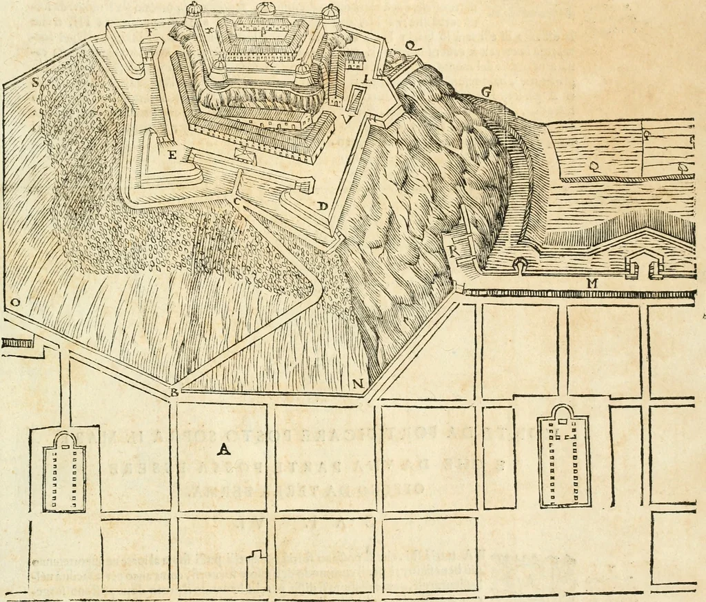 An illustration from Delle fortificationi di Bvonaivto Lorini, nobile fiorentino, libri cinque : ne' qvali si mostra con le piv facili regole la scienza con la pratica, di fortificare le citta & altri luoghi sopra diuersi siti, con tvtti gli avvertimenti, che per intelligenza di tal materia possono occorrere .., 1597, leaf 176