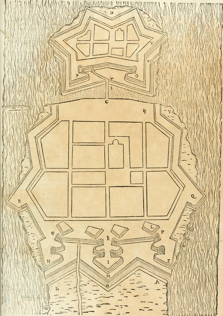 An illustration from Delle fortificationi di Bvonaivto Lorini, nobile fiorentino, libri cinque : ne' qvali si mostra con le piv facili regole la scienza con la pratica, di fortificare le citta & altri luoghi sopra diuersi siti, con tvtti gli avvertimenti, che per intelligenza di tal materia possono occorrere .., 1597, leaf 180