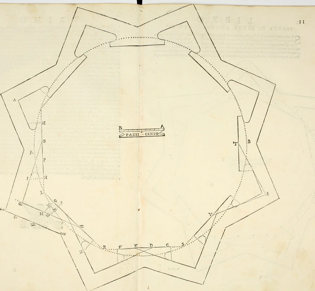 An illustration from Delle fortificationi di Bvonaivto Lorini, nobile fiorentino, libri cinque : ne' qvali si mostra con le piv facili regole la scienza con la pratica, di fortificare le citta & altri luoghi sopra diuersi siti, con tvtti gli avvertimenti, che per intelligenza di tal materia possono occorrere .., 1597, leaf 29