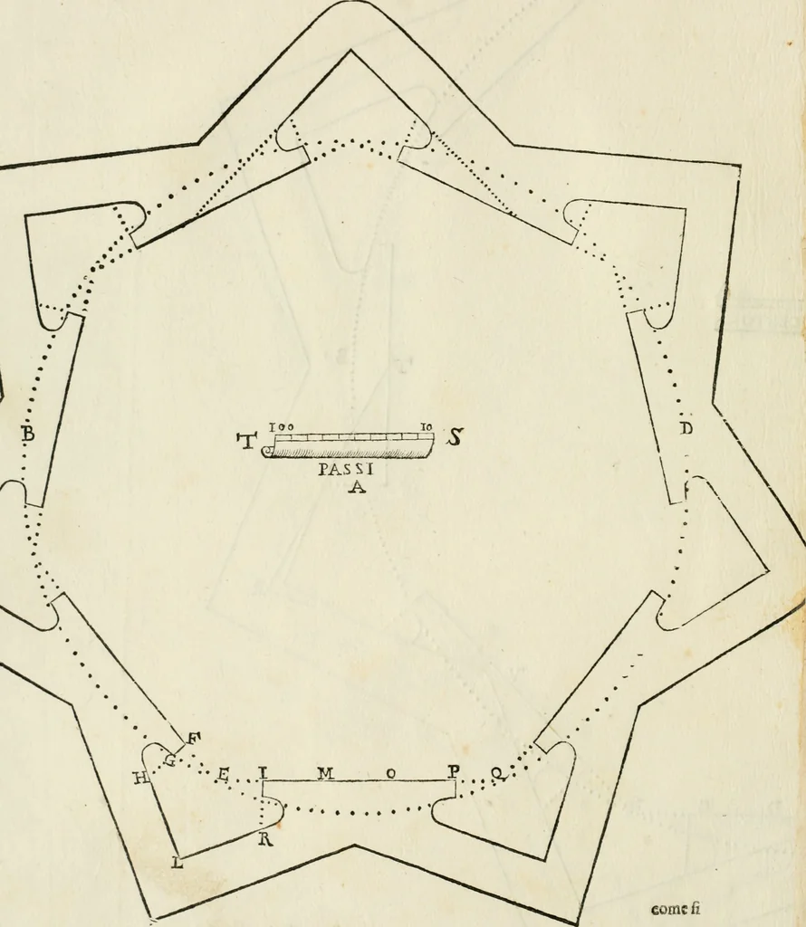 An illustration from Delle fortificationi di Bvonaivto Lorini, nobile fiorentino, libri cinque : ne' qvali si mostra con le piv facili regole la scienza con la pratica, di fortificare le citta & altri luoghi sopra diuersi siti, con tvtti gli avvertimenti, che per intelligenza di tal materia possono occorrere .., 1597, leaf 31