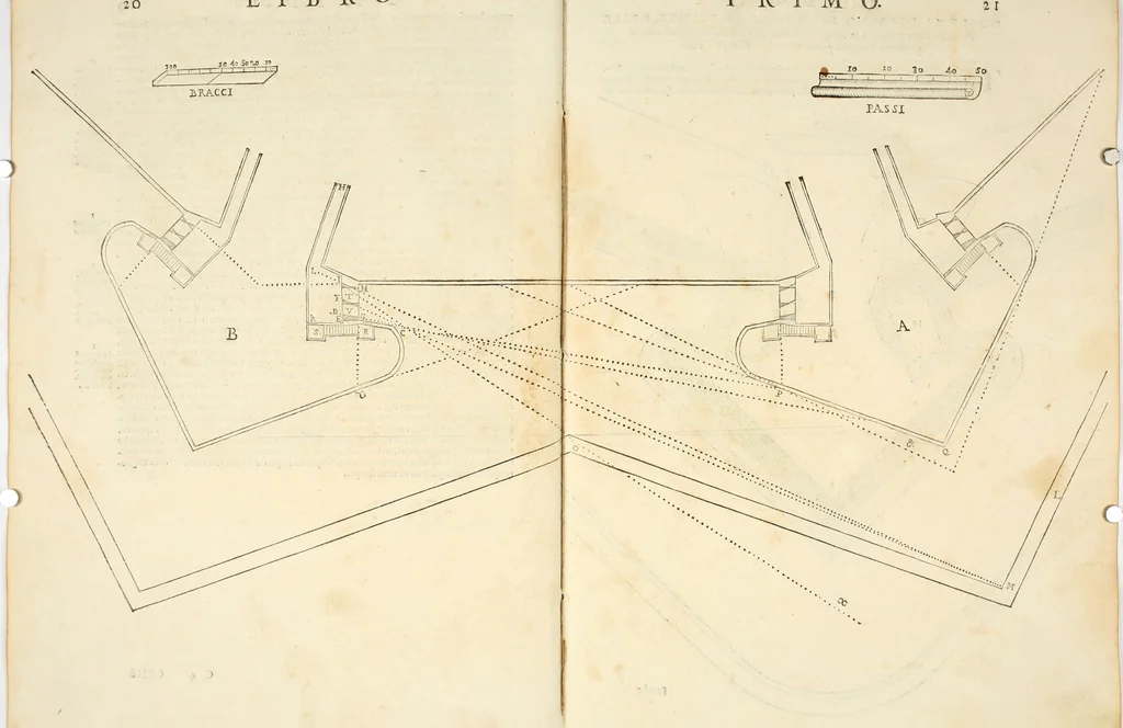 An illustration from Delle fortificationi di Bvonaivto Lorini, nobile fiorentino, libri cinque : ne' qvali si mostra con le piv facili regole la scienza con la pratica, di fortificare le citta & altri luoghi sopra diuersi siti, con tvtti gli avvertimenti, che per intelligenza di tal materia possono occorrere .., 1597, leaf 40